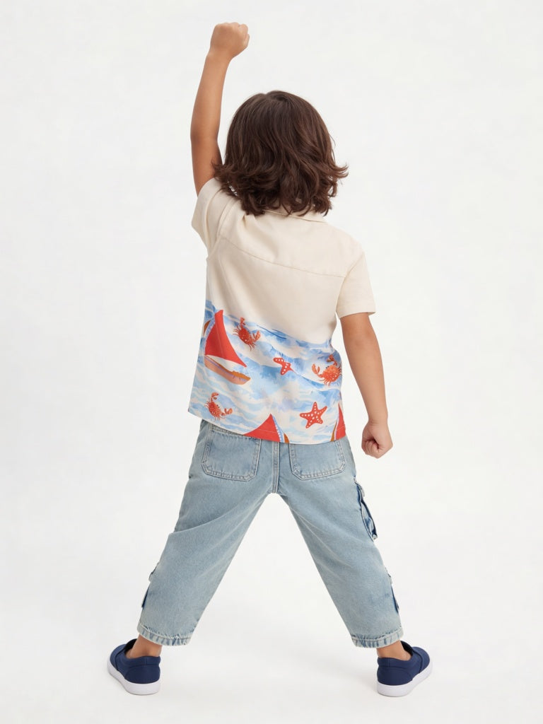 HOP Kids Boys Off-White Printed Resort-Fit Shirt