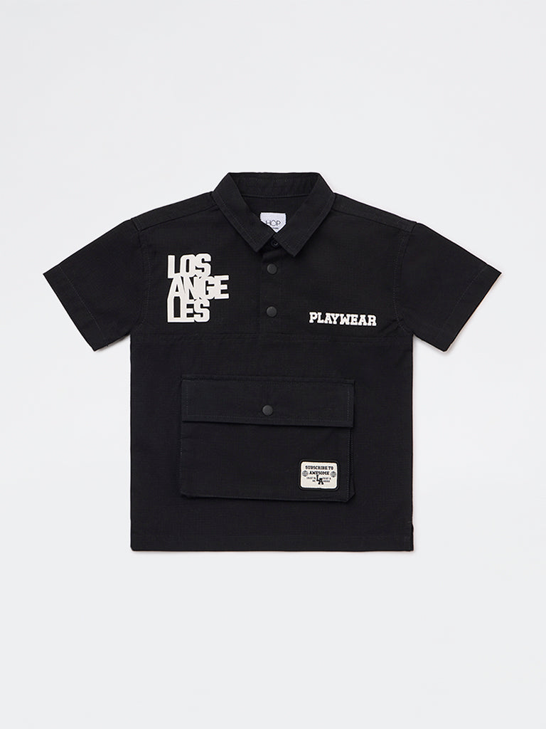 HOP Kids Boys Black Text Printed Cotton Shirt