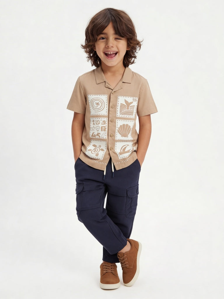 HOP Kids Boys Taupe Graphic Printed Shirt
