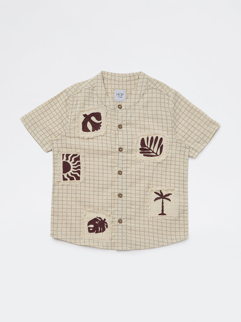 HOP Kids Boys Beige Tropical-Inspired Cotton Shirt