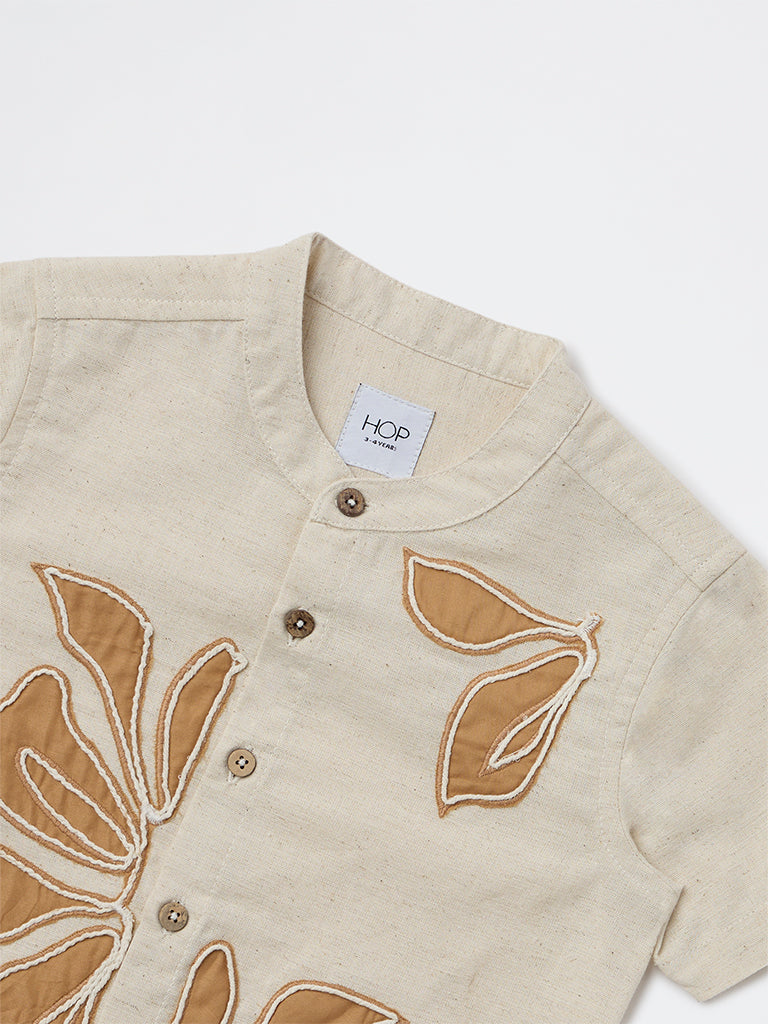 HOP Kids Boys Beige Floral Embroidered Cotton-Blend Shirt