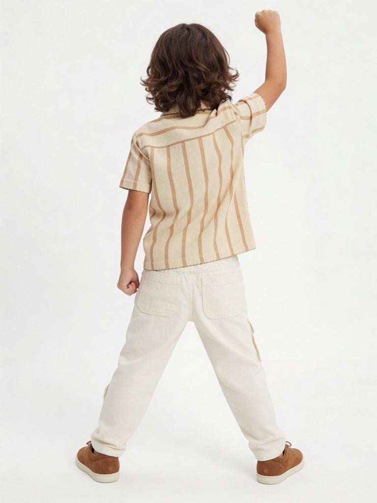 HOP Kids Boys Cream Striped Cotton Shirt