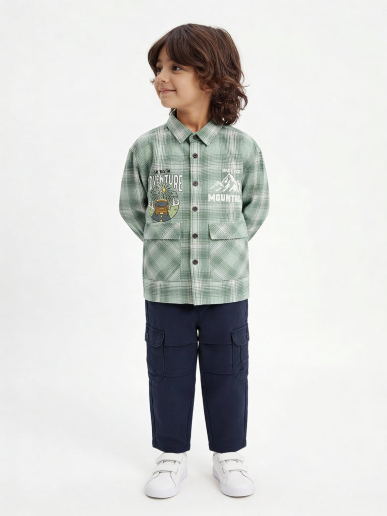 HOP Kids Boys Green Check Graphic Printed Cotton Shirt