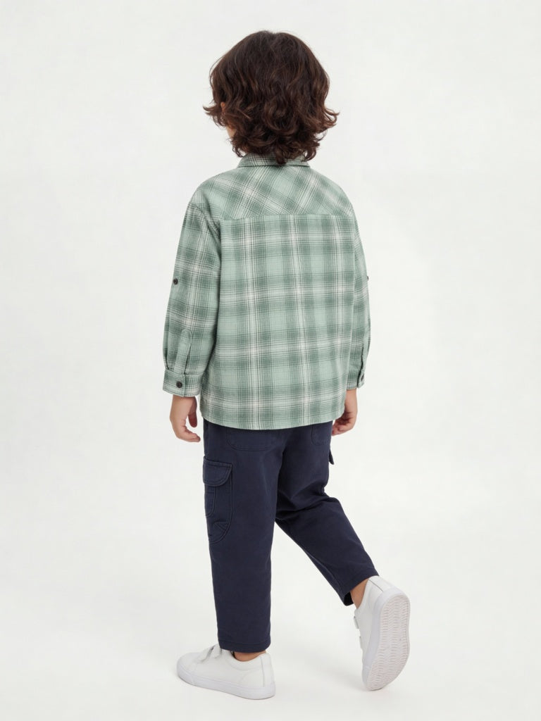HOP Kids Boys Green Check Graphic Printed Cotton Shirt