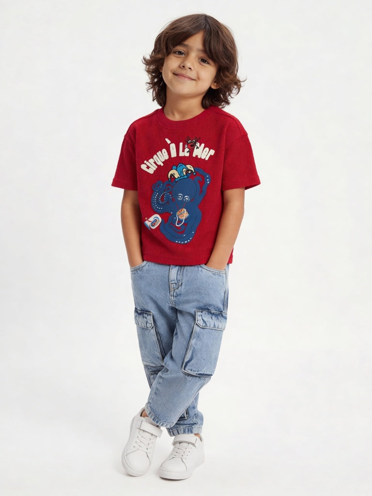 HOP Kids Boys Red Graphic Design Cotton T-Shirt