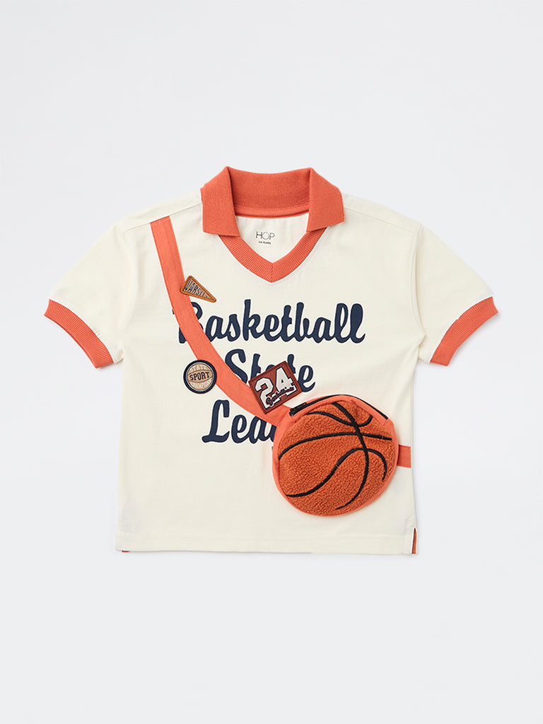 HOP Kids Boys Off-White Basketball-Themed Cotton T-Shirt