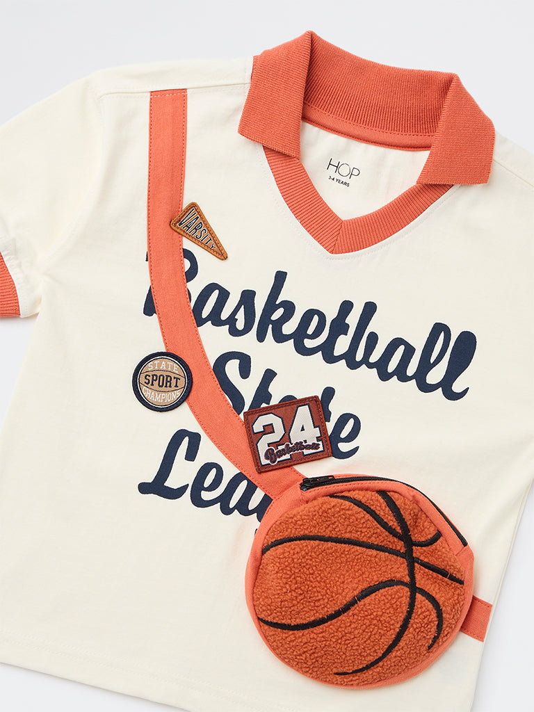 HOP Kids Boys Off-White Basketball-Themed Cotton T-Shirt