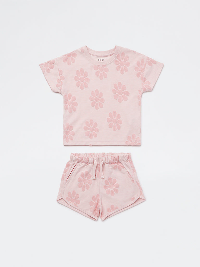 HOP Kids Girls Pink Cotton-Blend T-Shirt and Shorts Set