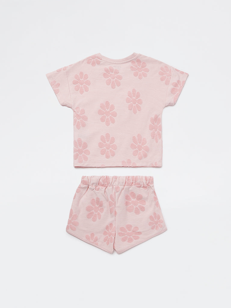 HOP Kids Girls Pink Cotton-Blend T-Shirt and Shorts Set