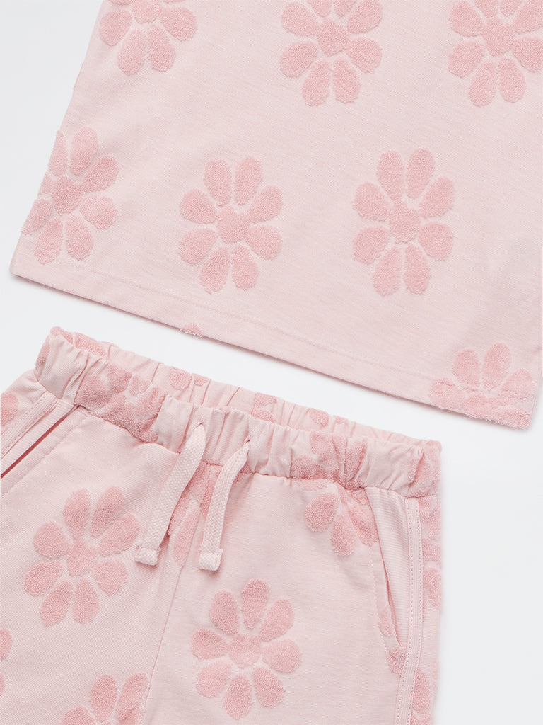 HOP Kids Girls Pink Cotton-Blend T-Shirt and Shorts Set
