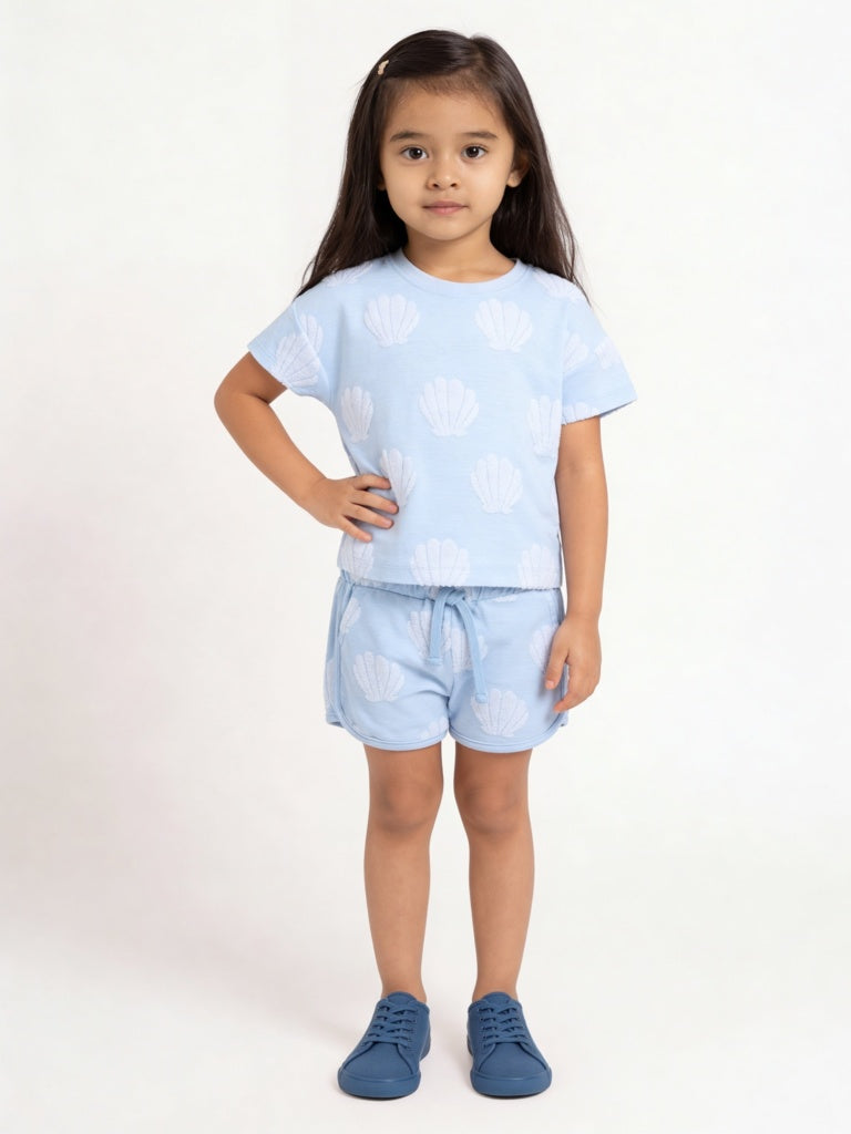 HOP Kids Girls Light Blue Seashell Printed Cotton-Blend T-Shirt and Shorts Set
