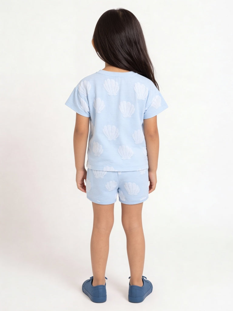 HOP Kids Girls Light Blue Seashell Printed Cotton-Blend T-Shirt and Shorts Set