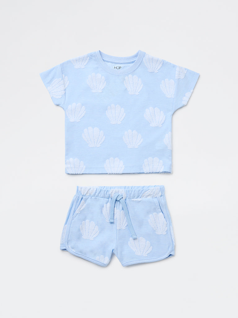 HOP Kids Girls Light Blue Seashell Printed Cotton-Blend T-Shirt and Shorts Set