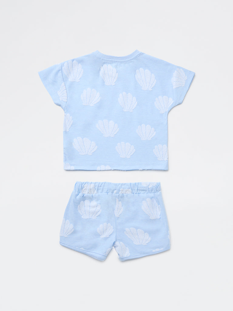 HOP Kids Girls Light Blue Seashell Printed Cotton-Blend T-Shirt and Shorts Set