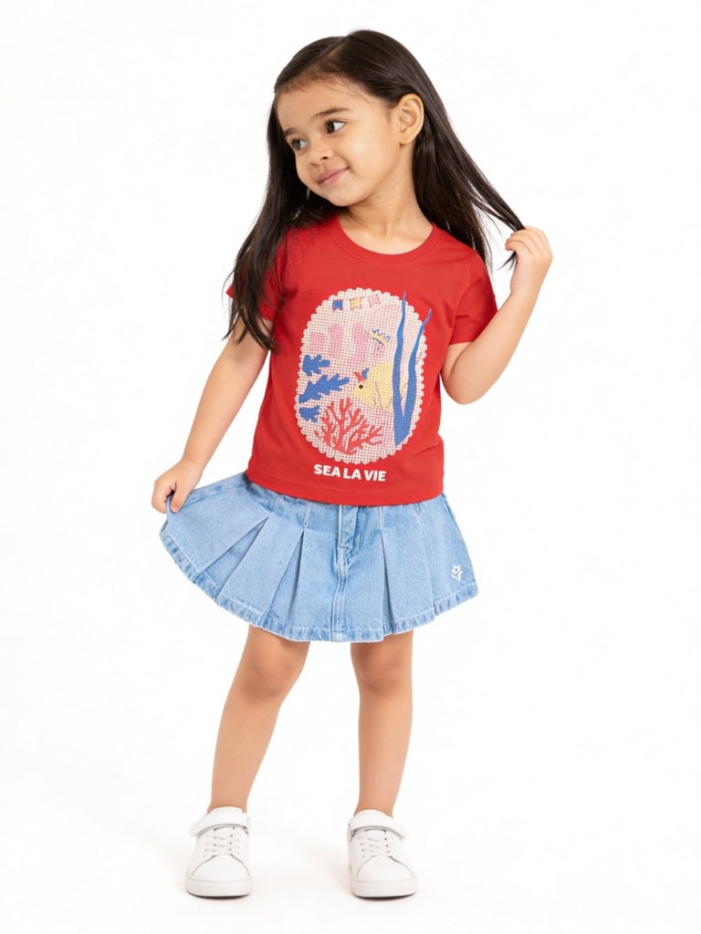HOP Kids Girls Red Graphic Design Cotton T-Shirt