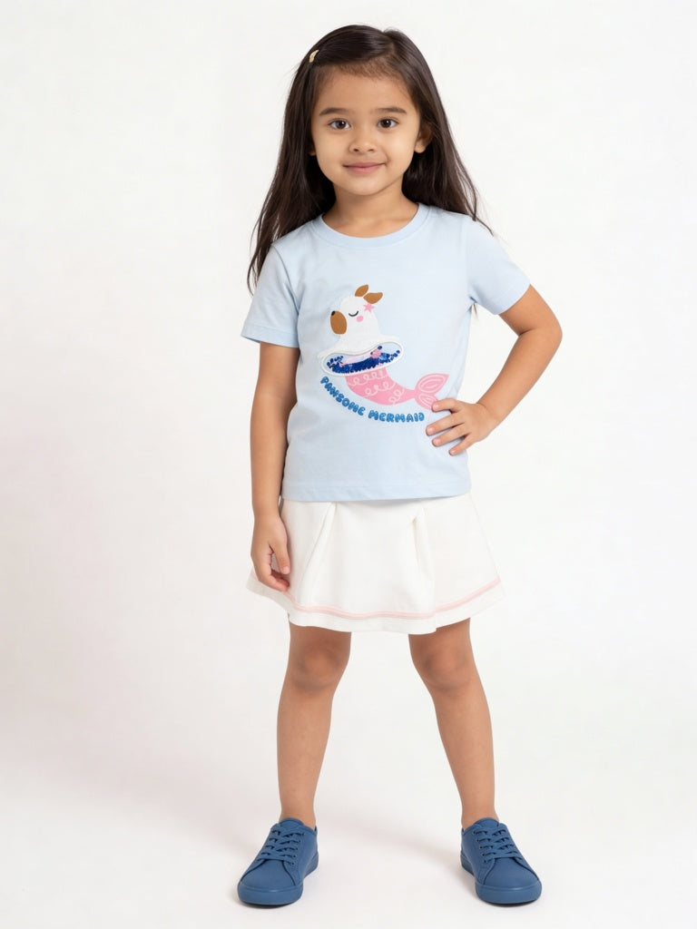 HOP Kids Girls Blue Printed Cotton T-Shirt
