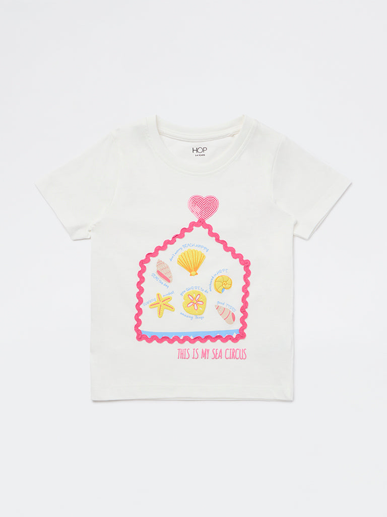 HOP Kids Girls White Printed Cotton T-Shirt