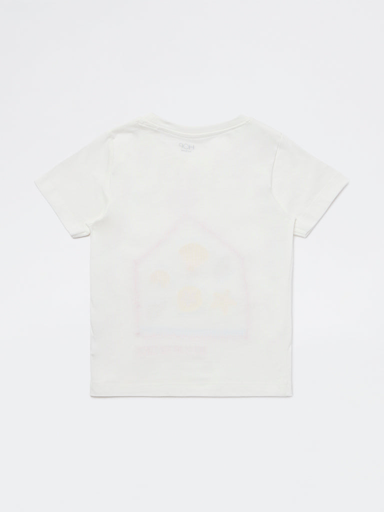 HOP Kids Girls White Printed Cotton T-Shirt