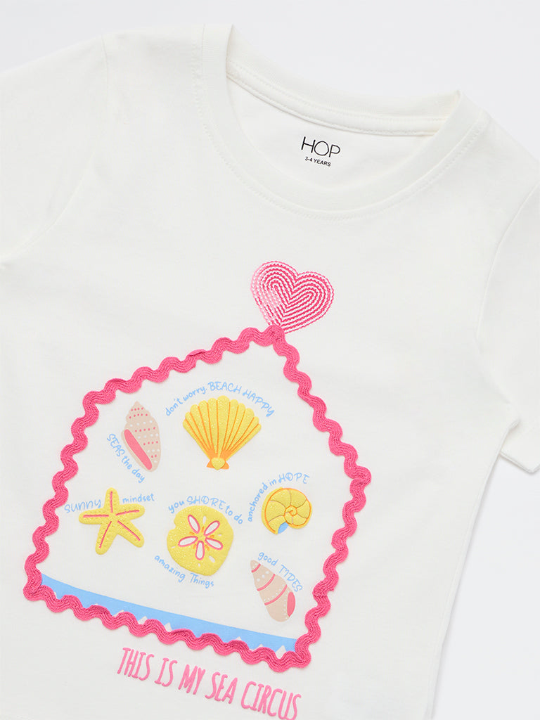 HOP Kids Girls White Printed Cotton T-Shirt