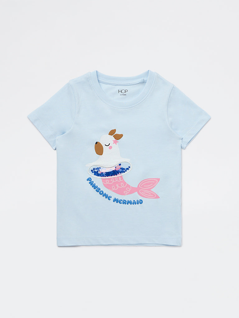HOP Kids Girls Blue Printed Cotton T-Shirt