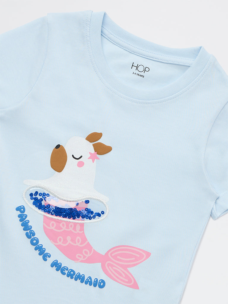 HOP Kids Girls Blue Printed Cotton T-Shirt