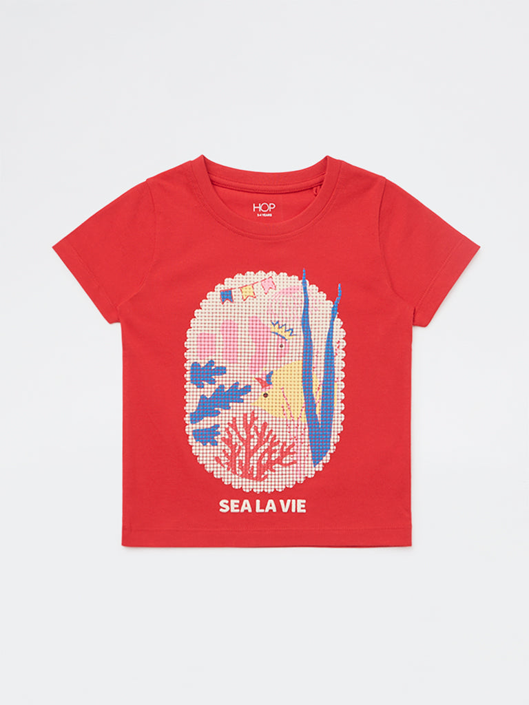 HOP Kids Girls Red Graphic Design Cotton T-Shirt