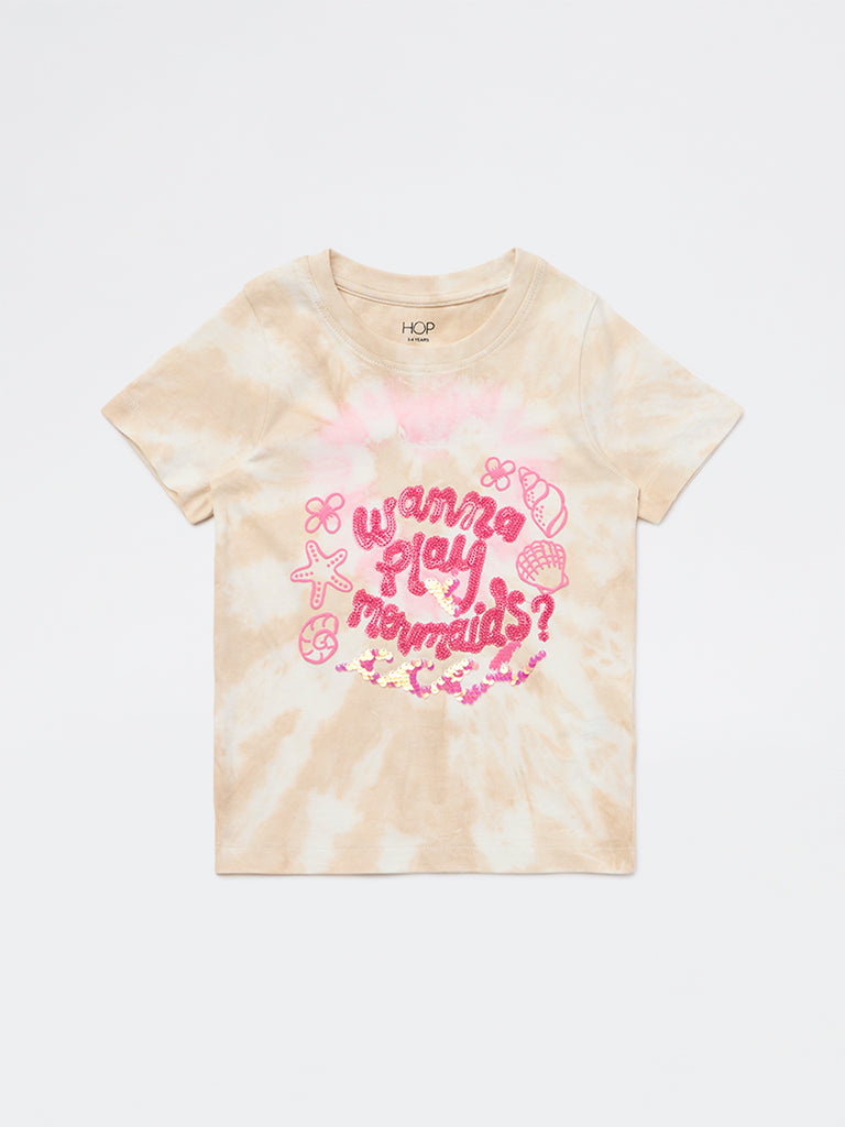 HOP Kids Girls Beige Embellished Cotton T-Shirt