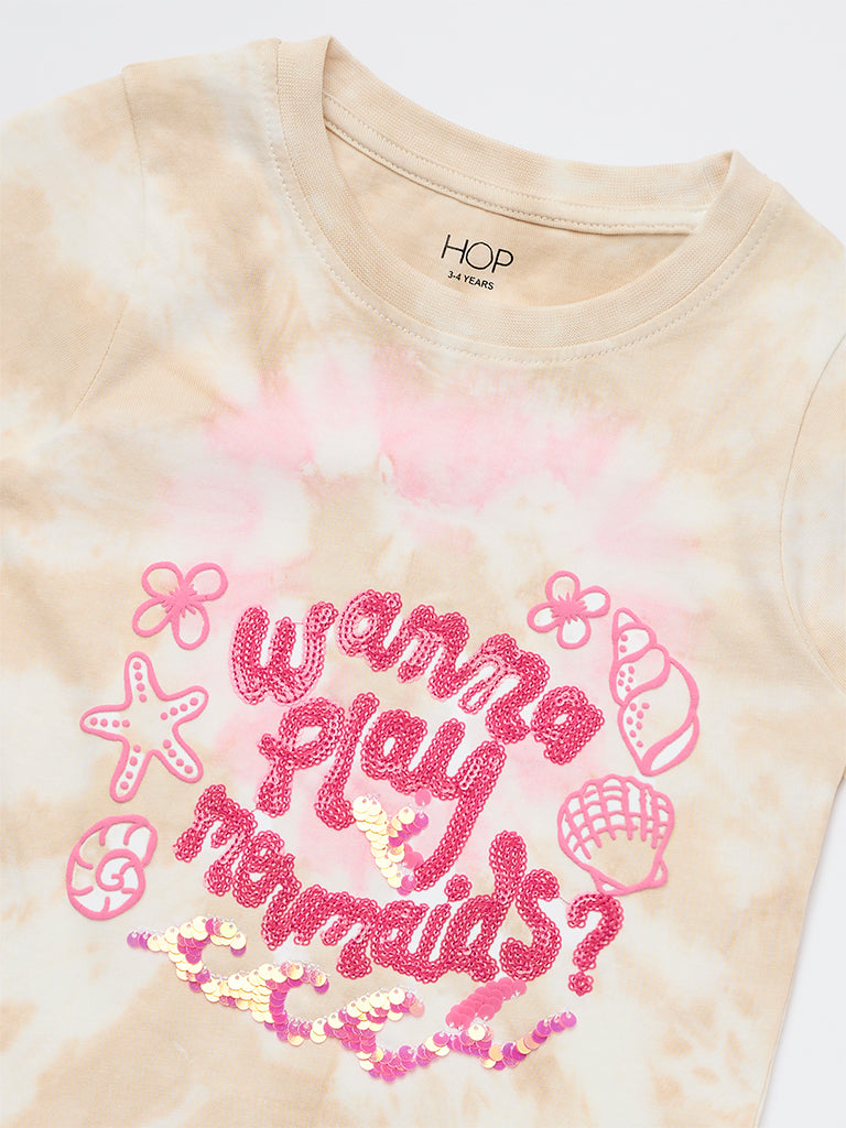 HOP Kids Girls Beige Embellished Cotton T-Shirt