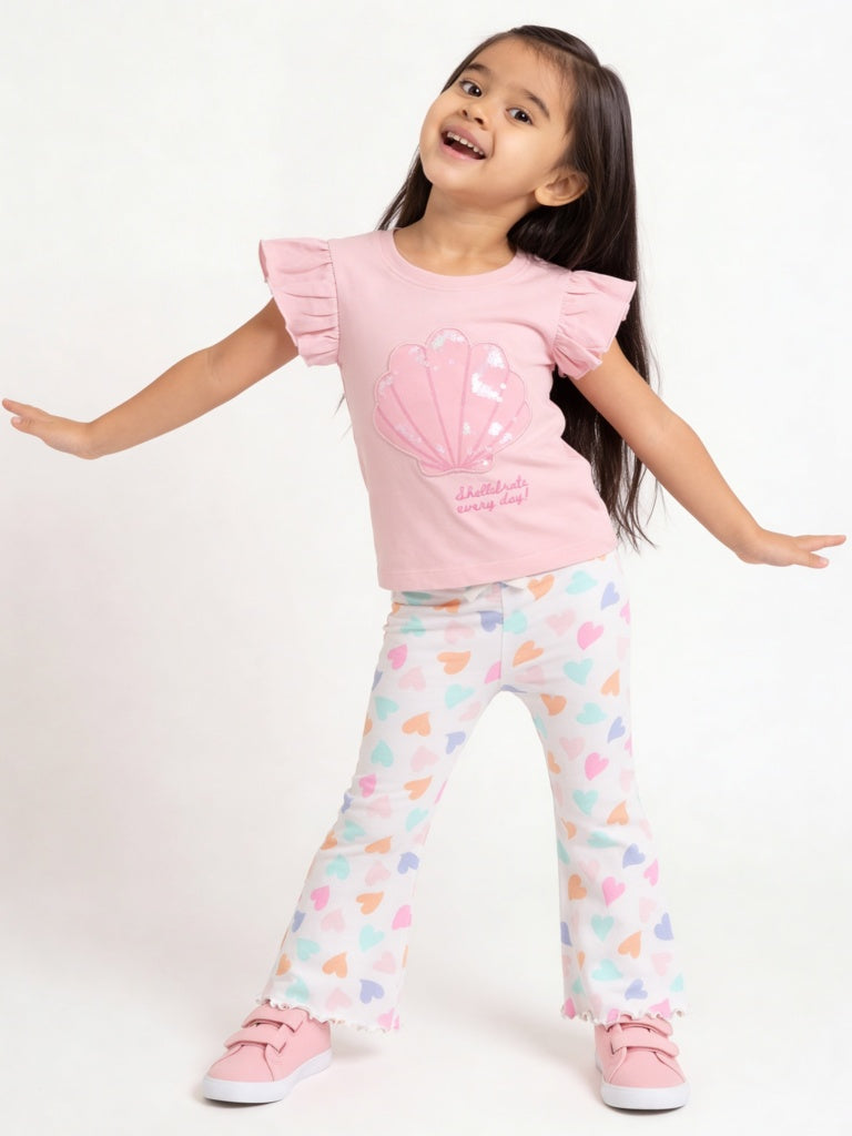 HOP Kids Girls Pink Shell Embroidered Cotton Top