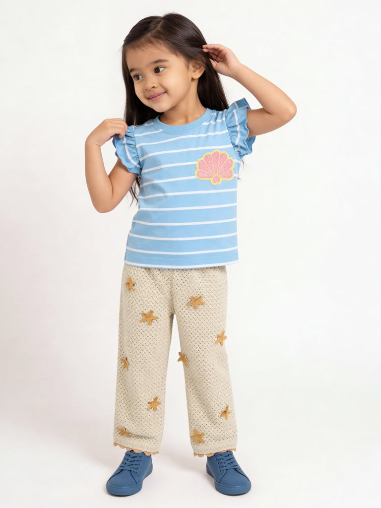 HOP Kids Girls Blue Striped Cotton Top