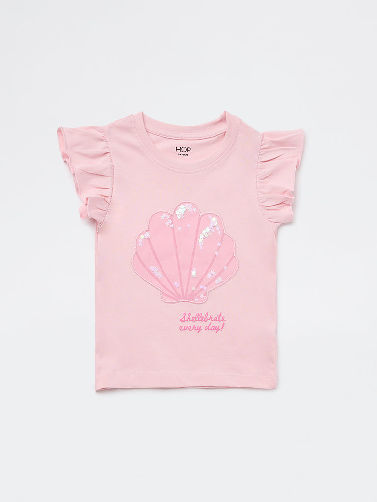 HOP Kids Girls Pink Shell Embroidered Cotton Top