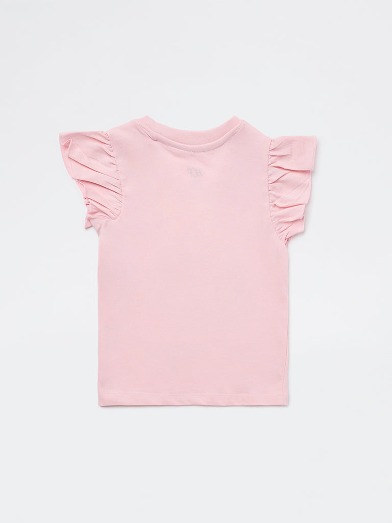 HOP Kids Girls Pink Shell Embroidered Cotton Top