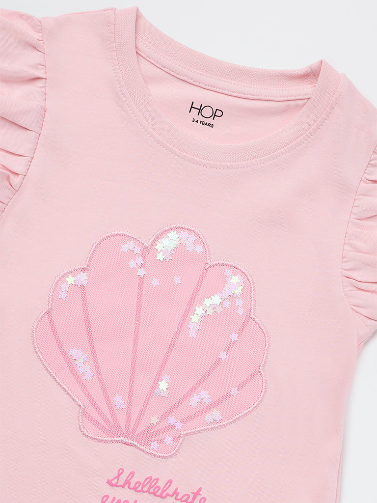 HOP Kids Girls Pink Shell Embroidered Cotton Top