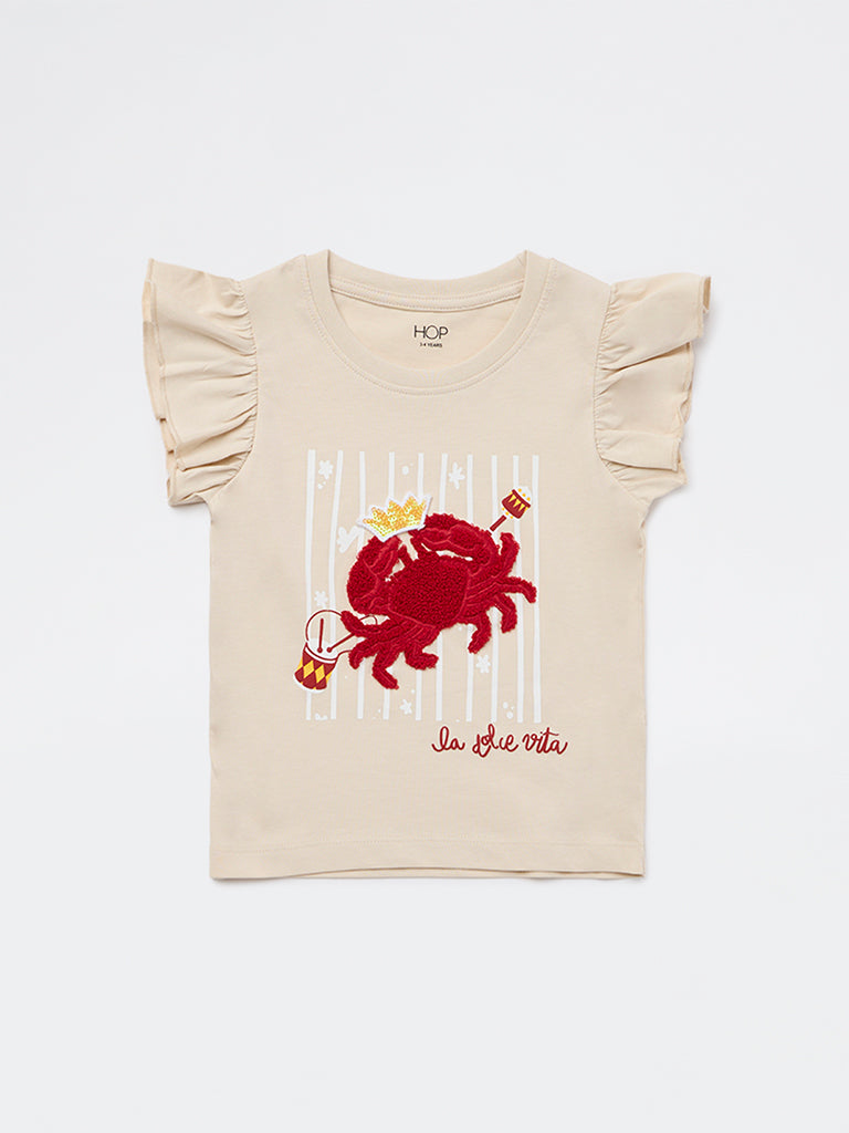HOP Kids Girls Beige Crab Embroidered Cotton Top