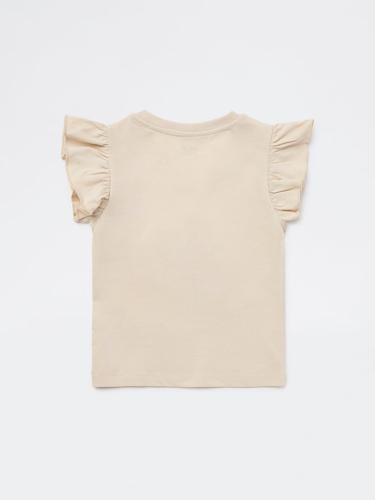 HOP Kids Girls Beige Crab Embroidered Cotton Top