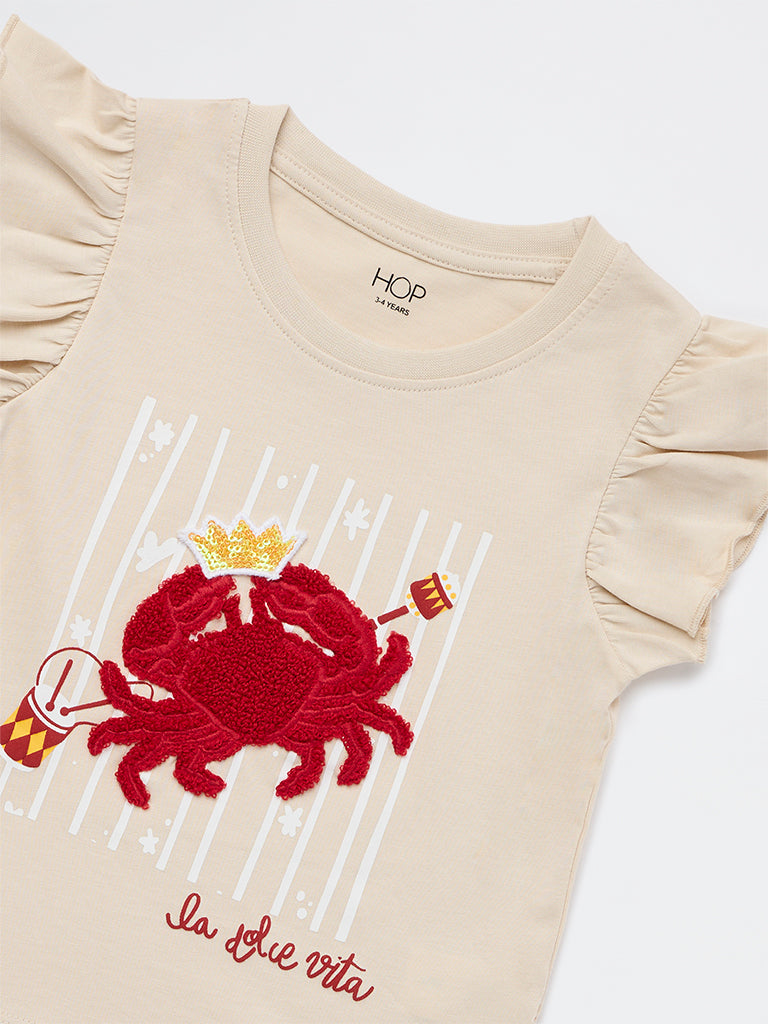 HOP Kids Girls Beige Crab Embroidered Cotton Top