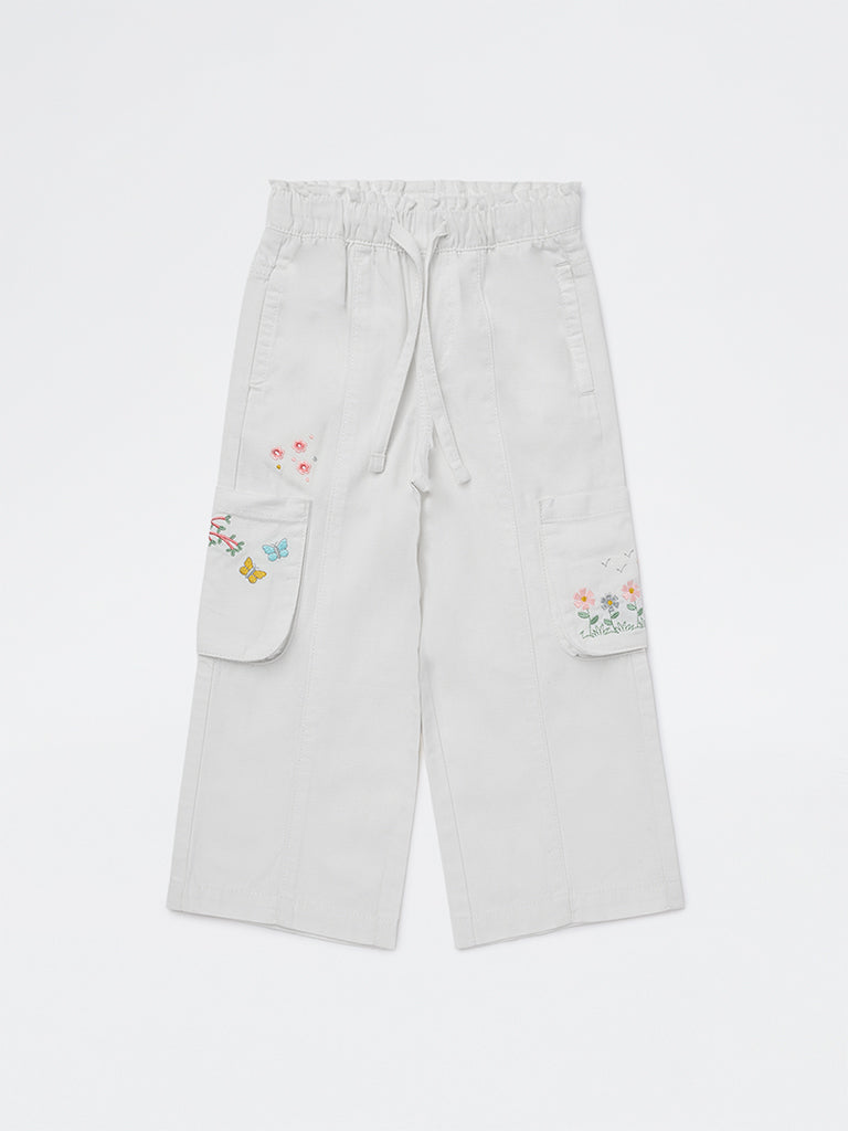 HOP Kids Girls White Embroidered High-Rise Cotton Cargo Pants