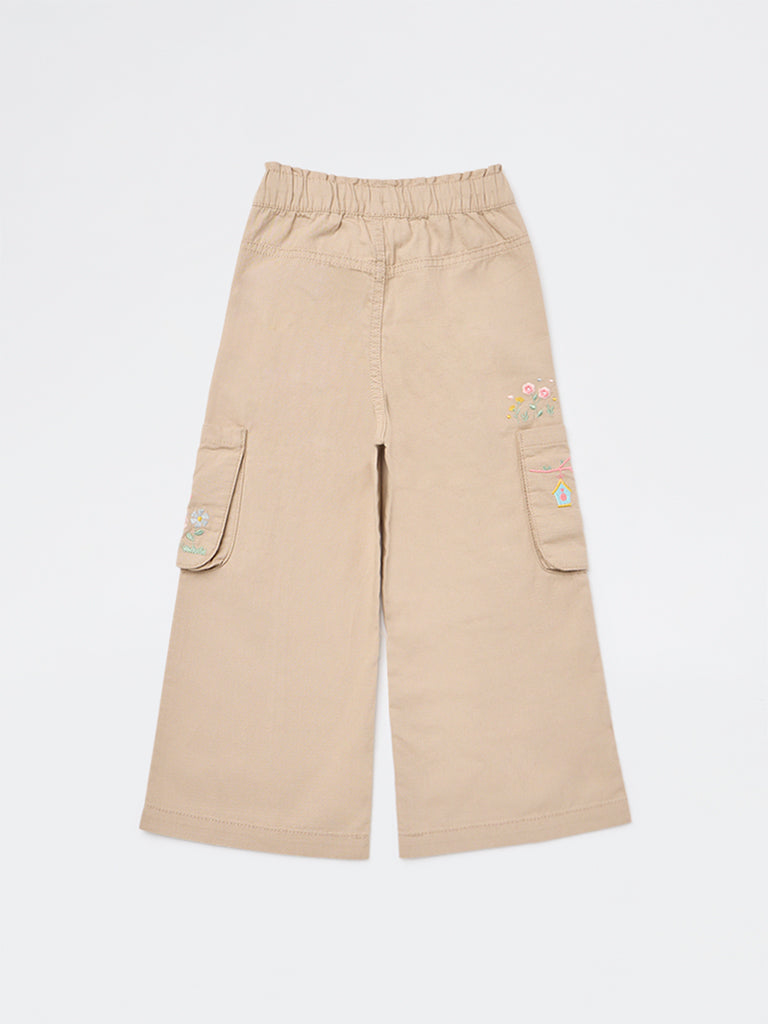 HOP Kids Girls Beige Floral Embroidered High-Rise Cotton Pants