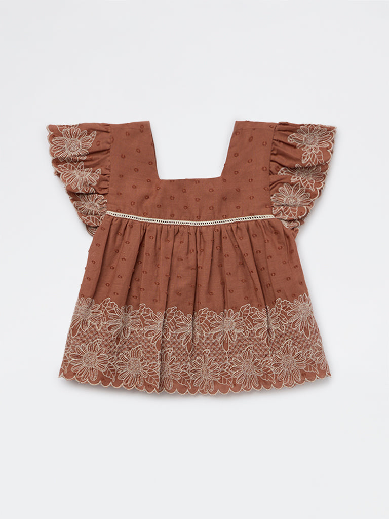 HOP Kids Girls Brown Floral Embroidered Cotton Top