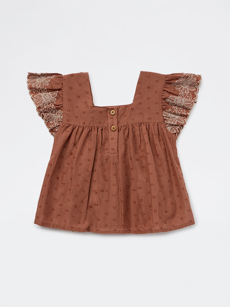 HOP Kids Girls Brown Floral Embroidered Cotton Top