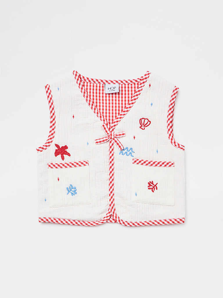 HOP Kids Girls White Checkered Cotton Waistcoat