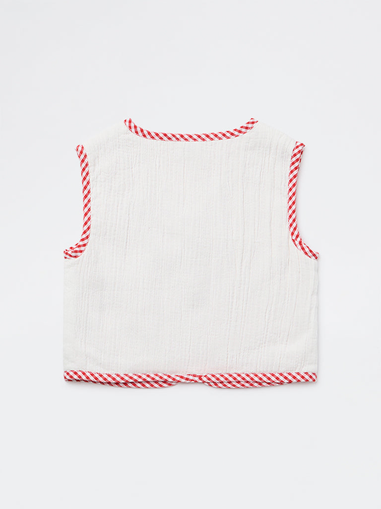 HOP Kids Girls White Checkered Cotton Waistcoat