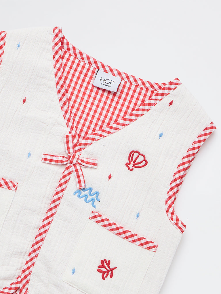 HOP Kids Girls White Checkered Cotton Waistcoat