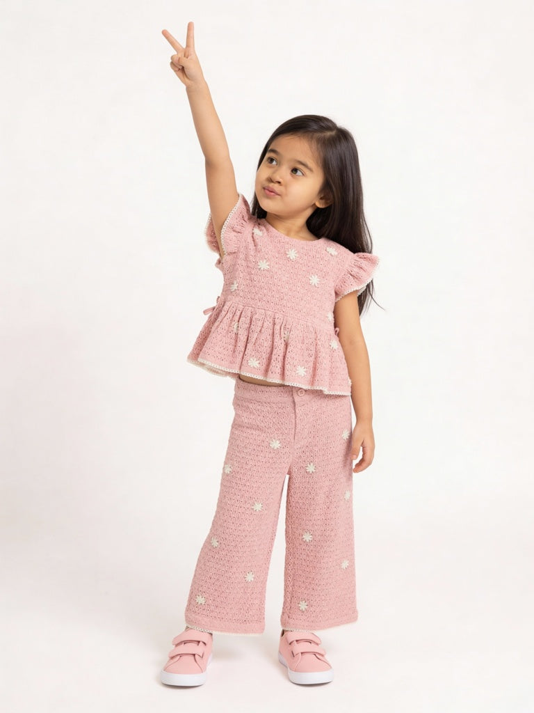 HOP Kids Girls Dusty Pink Crochet-Knit Cotton Peplum Top