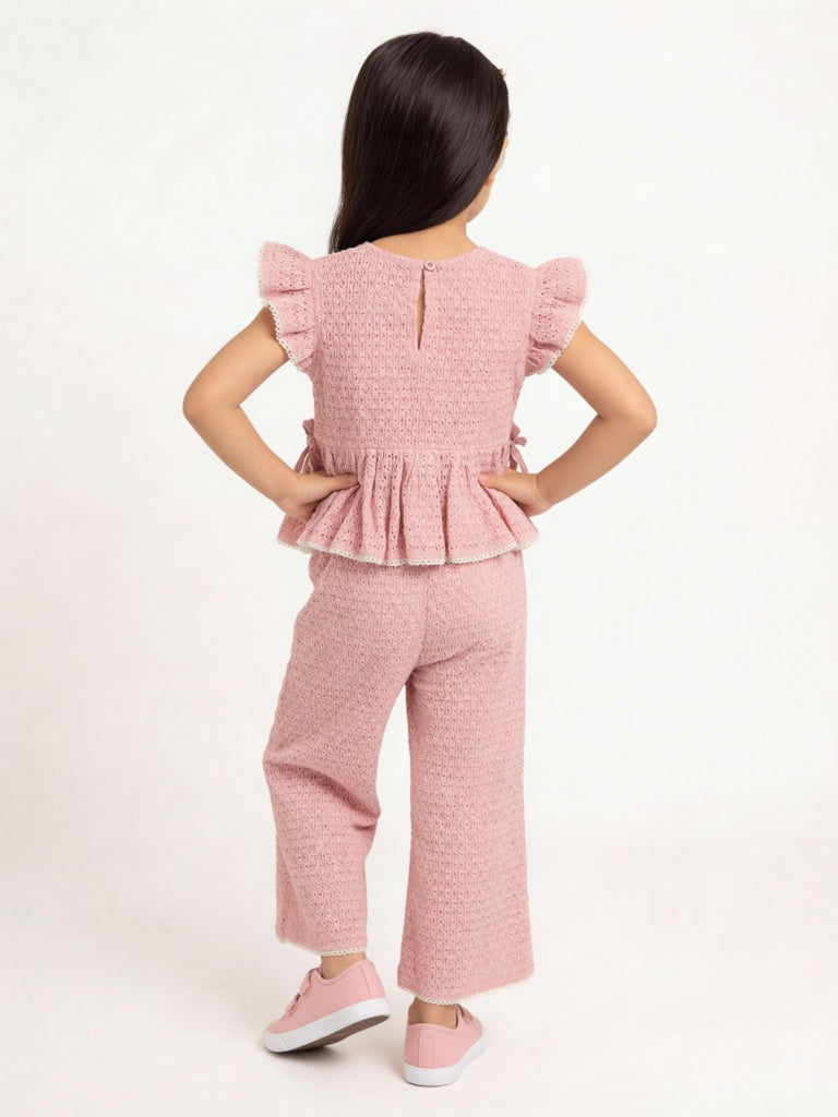 HOP Kids Girls Dusty Pink Crochet-Knit Cotton Peplum Top
