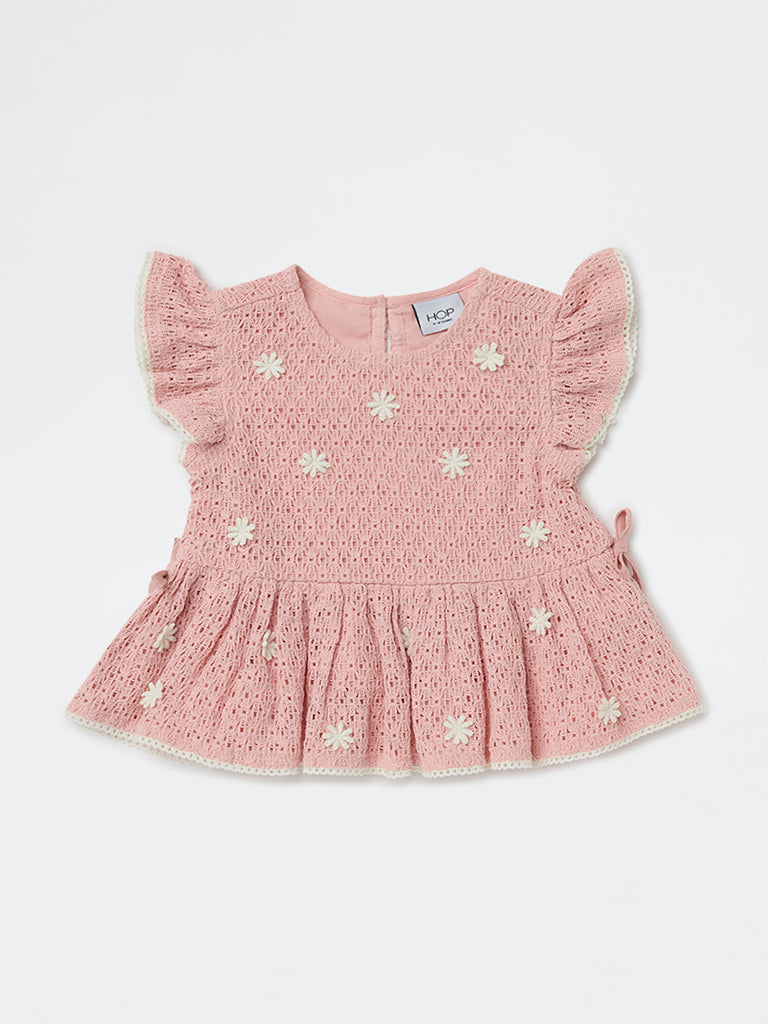 HOP Kids Girls Dusty Pink Crochet-Knit Cotton Peplum Top