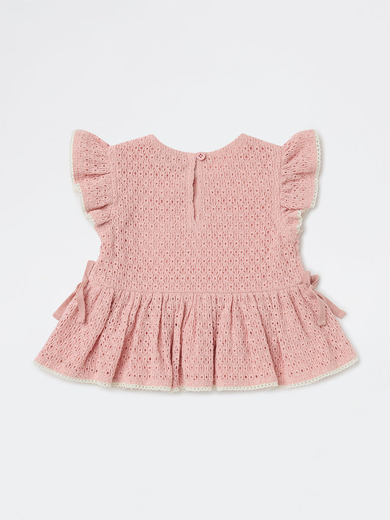 HOP Kids Girls Dusty Pink Crochet-Knit Cotton Peplum Top