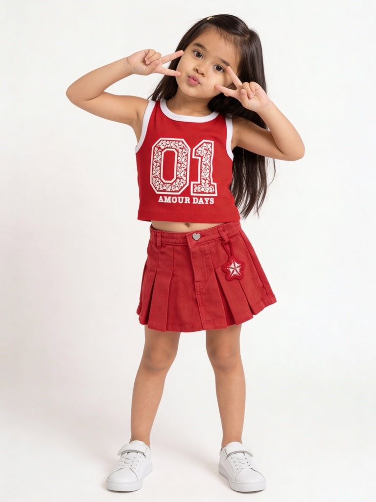 HOP Kids Girls Red Printed Cotton-Blend T-Shirt