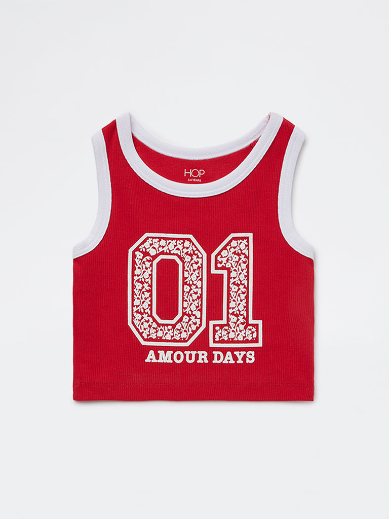 HOP Kids Girls Red Printed Cotton-Blend T-Shirt
