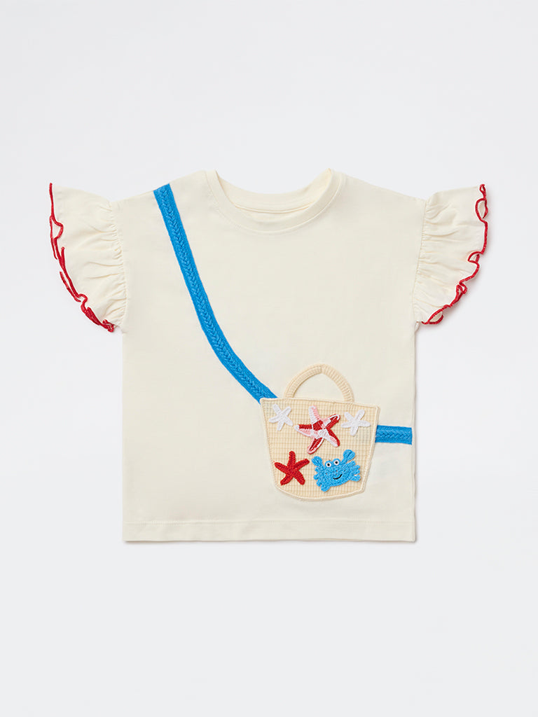 HOP Kids Girls Off-White Sea-Life Embroidered Cotton Top